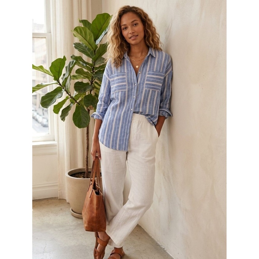 J. Jill Love Linen Blue White Striped Button Down Shirt Womens Medium 100% Linen